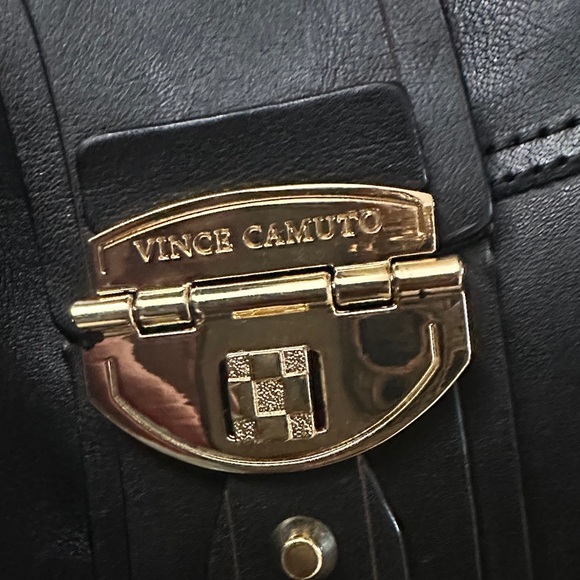 Vince Camuto Black Leather Heeled Boots with Gold Accents - Picture 2 of 6